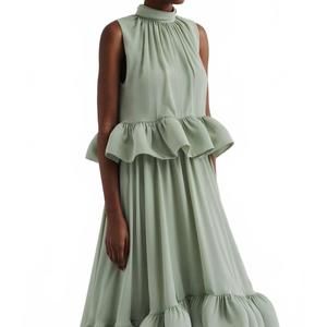 NEW MALINA lune halterneck frilled hem blouse in sage